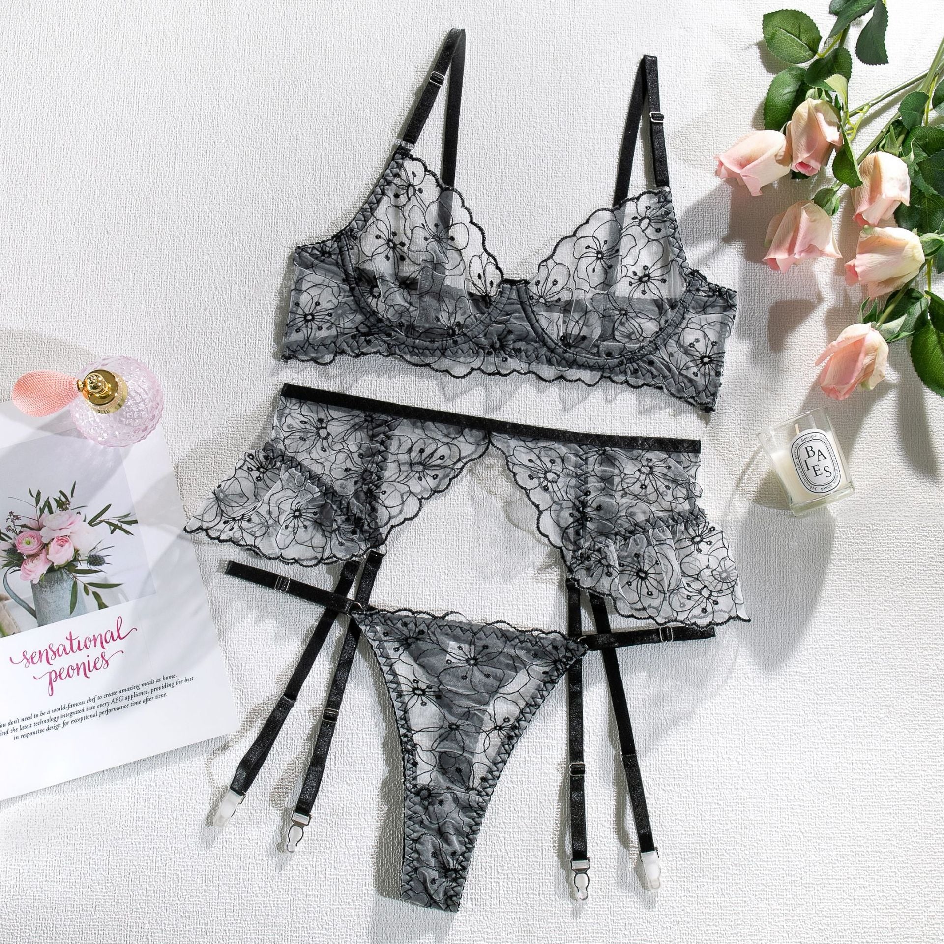 Emily Embroidery Ruffles with Steel Rims 3-piece Lingerie Set – USTNOVE