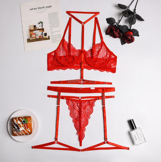 Ila Halter Neck Red 3 Piece Lingerie Set With Leg Loops