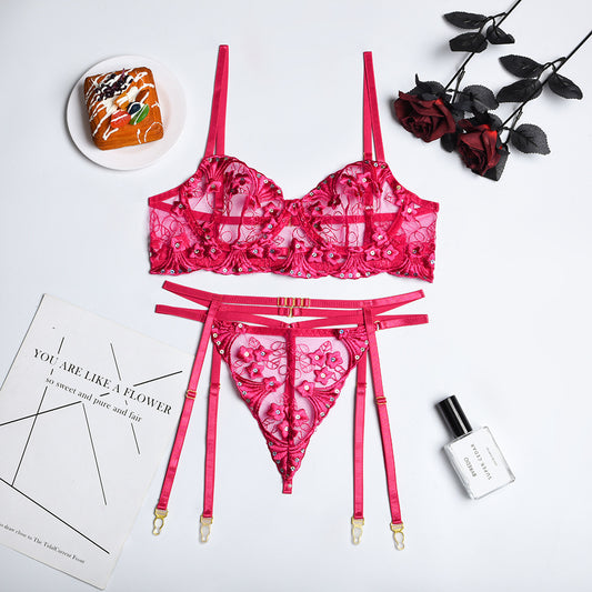 Adalee Sequin Stitching With Steel Ring Three Piece Lingerie Set