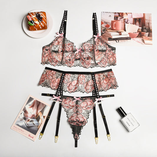 Murphy Petal Embroidery Personalized Sling Bow Lingerie set