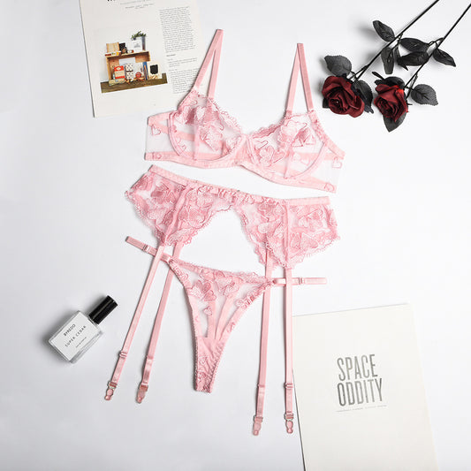 Adalee Heart Embroidery Three Piece Lingerie Set